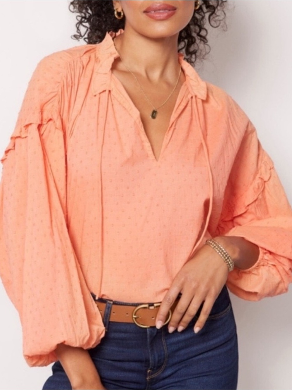 Cleobella Coral Tie-Neck Balloon-Sleeve Lightweight Blouse